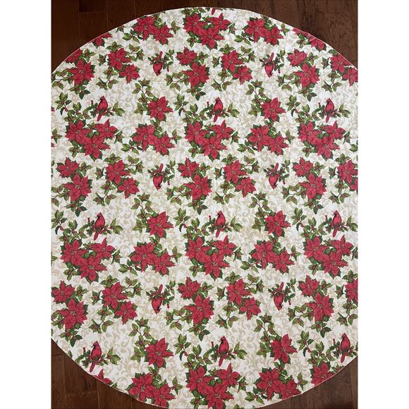 Round 70" Christmas Poinsettia Cardinal Bird Tablecloth Holiday Festive - Picture 1 of 5